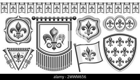 Vector Fleur de Lis Set, horizontales Banner mit Sammlung von Einzelillustrationen von verschiedenen schwarzen und weißen Fleur de Lis Flourishes, nahtlose Kralle Stock Vektor