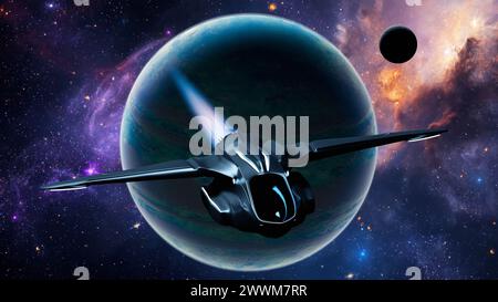 Das Raumschiff navigiert durch den Kosmos in der Nähe eines grünen Exoplaneten, unter der Beobachtung von fernen Sternen und einem begleitenden Mond. 3D-Rendering Stockfoto