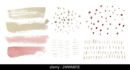 Einfache abstrakte, handgezeichnete Texturen Clipart-Set. Aquarellabbildung in Rosa und Grün Stockfoto
