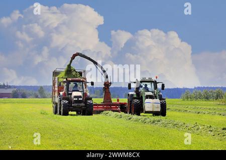 Zwei Traktoren auf dem Feld ernten Gras mit Feldhäcksler für Milchviehfutter an einem schönen Tag im Juni mit Wolkenlandschaft Hintergrund. Stockfoto