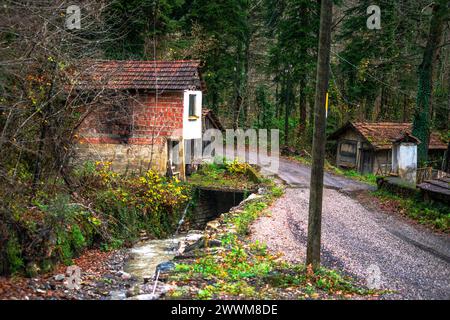 Eine charmante Dorfstraße führt vorbei an einem winzigen Haus und schafft eine malerische Landschaft mit ländlicher Einfachheit und idyllischem Leben auf der Landschaft. Stockfoto