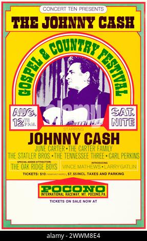 Johnny Cash, June Carter, The Carter Family, Carl Perkins – Gospel and Country Festival (Pocono Int Raceway, Concert Ten, 1972) Window Card Stockfoto