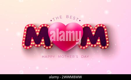 Happy Mother's Day Grußkarte Design mit Herz und glühender Glühbirne Typografie Schriftzug auf violettem Hintergrund. Vektor-Muttertagsfeier Stock Vektor