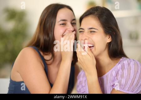 Glückliche Klatschmädchen erzählen Geheimnisse und lachen zu Hause Stockfoto