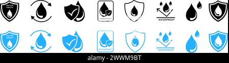 Wasserdichtes Symbol-Set im flachen Stil. Wasser und Staub, flüssigkeitsfester Schutz, Abschirmung mit Wassertropfen, wasserdicht Stock Vektor