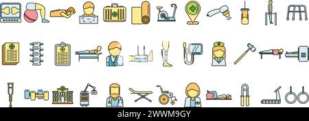 Symbole für Physiotherapeuten legen den Konturvektor fest. Behinderung der Frau. Behindertengerechte Hilfe, dünne Linien, flach isoliert Stock Vektor