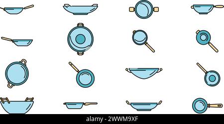 Wok-Bratpfannen-Symbole legen den Konturvektor fest. Fleischwerkzeuge. Küche kochen dünn Linie Farbe flach isoliert Stock Vektor