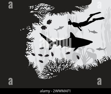 Taucher im Korallenriff zwischen Fischen und Algen Stock Vektor