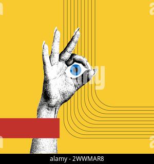 Zeitgenössische Kunstcollage. Vektorabbildung. Schwarz-weiße Zeichnung der Hand macht OK-Zeichen mit blauem Auge auf gelbem Hintergrund. Stock Vektor