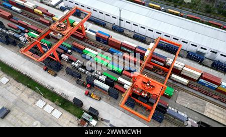 NANTONG, CHINA - 24. MÄRZ 2024 - Lokomotiven, Hubmaschinen und Containerwagen arbeiten in der Haian Logistics Basis in Nan ordentlich Stockfoto