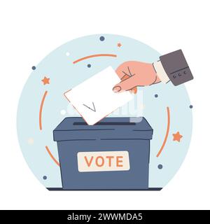 Die menschliche Hand gibt ein Stück Papier in die Wahlurne. Abstimmungsverfahren. Die Hand legt Papier in die Schachtel. Vektor Stock Vektor