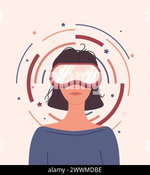 Mädchen, das durch eine Virtual-Reality-Brille schaut. Moderne Frau in futuristischer Brille. Farbiger, flacher Cartoon, Person, die mit dem VR-Headset arbeitet. Vektor Stock Vektor