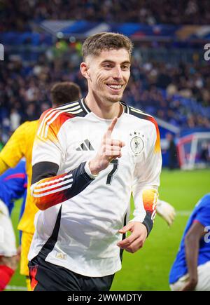 Kai Havertz, DFB 7 Punkte, schießt Tor, Tor, Treffer, Torschuss, 0-2 Jahre alt, feiert sein Tor im Freundschaftsspiel FRANKREICH - DEUTSCHLAND 0-2 FRANKREICH - DEUTSCHLAND 0-2 in Vorbereitung auf die Europameisterschaft 2024 am 23. März 2024 in Lyon, Frankreich. © Peter Schatz / Alamy Live News Stockfoto