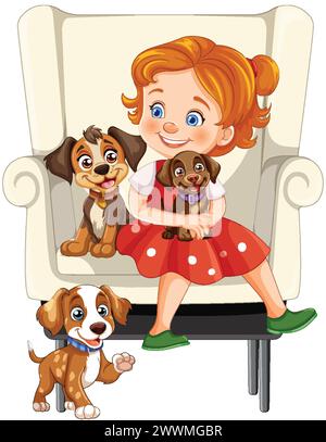 Fröhliches Mädchen, das mit drei süßen Welpen sitzt. Stock Vektor