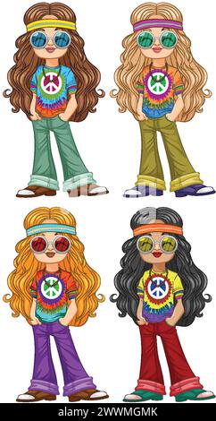 Vier stylische Mädchen in farbenfrohen Retro-Outfits. Stock Vektor