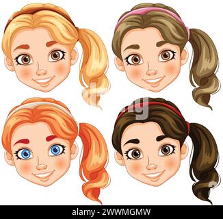 Abbildung von vier verschiedenen weiblichen Cartoon-Gesichtern. Stock Vektor
