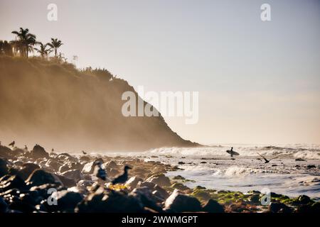 Fernansicht einer Person, die mit Surfbrett im Meer gegen Himmel steht Stockfoto