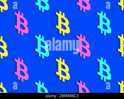 Nahtloses Muster mit 3D-Bitcoin-Symbol. Mehrfarbiges isometrisches Bitcoin-Symbol. Bitcoin-Kryptowährung, Kryptohandel. Design von Tapeten, Bannern Stock Vektor