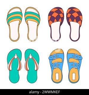 Herrenschuhkollektion für Sommer und Zuhause im Cartoon-Stil. Flache, skizzierte Freizeitschuhe für Männer. Vektorillustration auf weißem Hintergrund isoliert. Stock Vektor