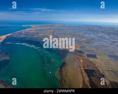 Luftaufnahme der Fangar-Bucht und der Muschelfarmen im Ebro-Delta (Tarragona, Katalonien, Spanien) ESP: Vista aérea de la Bahía del Fangar Stockfoto