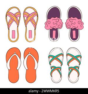 Damenschuhe Kollektion für Sommer und Zuhause im Cartoon-Stil. Flach Freizeit Schuhe. Vektorillustration auf weißem Hintergrund isoliert. Stock Vektor