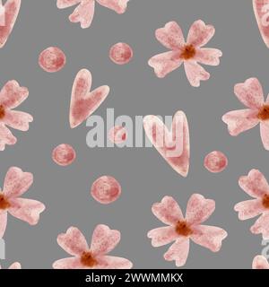 Nahtloses Blumenmuster mit rosafarbenen Blumen und Herzen auf grauem Hintergrund. Aquarellrosa Blumen und Herzen. Nahtloses Design. Stockfoto