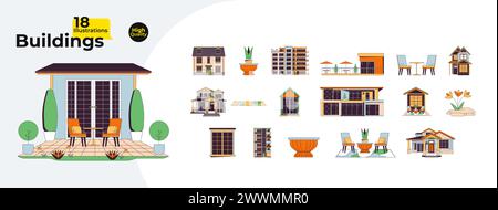 Eingangsgebäude Hinterhof Dekor 2D lineare Zeichentrickobjekte bündeln Stock Vektor