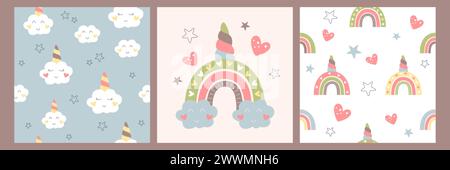 Boho Baby nahtloses Muster mit Regenbogen, süßen Wolken, Sternen und Herzen. Handgezeichnetes Bohème-Kinderzimmer-Design für Kinder-Schlafzimmer im skandinavischen Stil. Kindliche Wanddekoration für Neugeborene in Pastelltönen. Stock Vektor