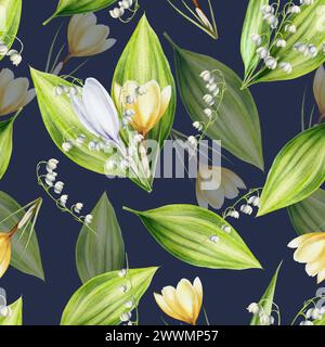 Nahtloses Aquarellmuster mit Blumenstrauß von gelb und weiß blühenden Krokus und Maiglöckchen des Tales isoliert auf Hintergrund. Frühling und ostern Stockfoto