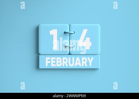 Blauer Kalender mit 14. Februar Valentinstag des Jahres 2024 auf blauem Hintergrund. 3D-Rendering. Stockfoto