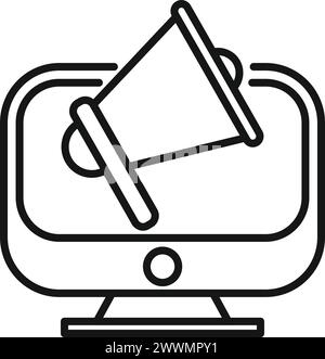 Megaphon auf Computerbildschirm Symbol Kontur Vektor. Online-Verkauf. Klicken Sie auf Bildschirm hinzufügen Stock Vektor