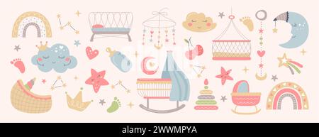 Boho-Baby-Objekte im skandinavischen Stil. Einrichtung im Kinderzimmer mit niedlichem Mond, Wolken, Sternen, Regenbogen und Wiege. Clipart-Set für Kinder für Neugeborene. Böhmische einfache Bohemian-Elemente für die Innenausstattung des Schlafzimmers. Stock Vektor