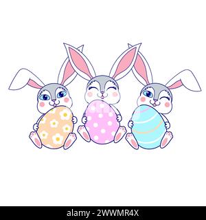 Drei süße weiße Osterhasen halten bunte Ostereier. Isolierte Objekte auf weißem Hintergrund. Für die Gestaltung von Osterkarten, Drucken, Post Stock Vektor