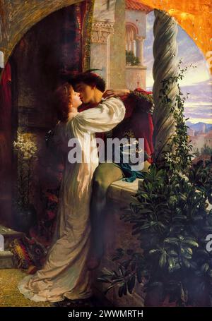 Romeo und Julia, Balkonszene, Ölgemälde auf Leinwand von Frank Dicksee, 1884 Stockfoto