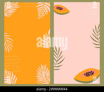 Farbenfrohe Sommervorlagen mit Kopierraum. Handgezeichnete vertikale Banner mit Palmblättern und Papaya. Stock Vektor