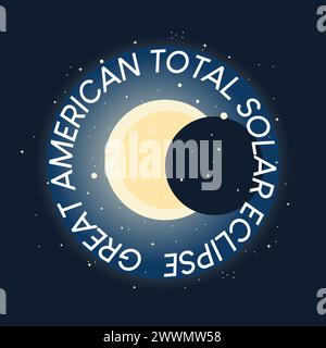 Großes amerikanisches Banner für totale Sonnenfinsternis in runder Form. Handgezeichnete Illustration der Sonnenfinsternis. Stock Vektor