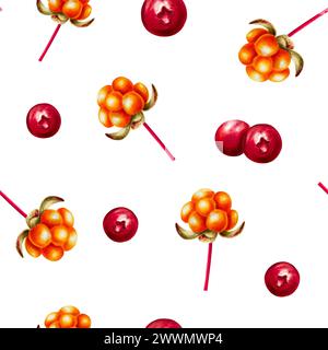 Nahtloses Aquarellmuster mit Wolkenbeeren, Preiselbeeren, Preiselbeeren und Kuhbeeren. Saftige Orange und rote Beeren Stockfoto