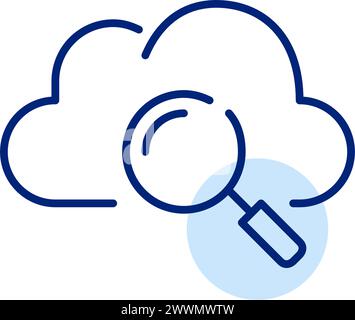 Lupe und Wolke. Suche nach Dateien im Cloud-Speicher, Analyse und Untersuchung von Daten. Symbol für perfekte Pixel Stock Vektor