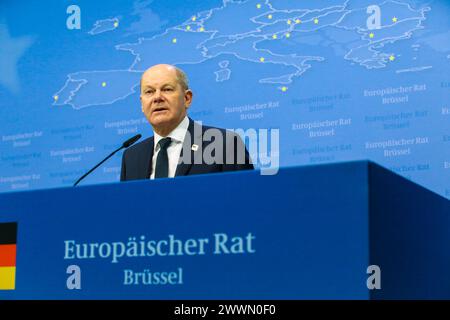 Brüssel, Belgien März 2024. Nicolas Landemard/Le Pictorium - Europäischer Gipfel März 2024 - 22/03/2024 - Belgien/Brüssel - Pressekonferenz von Bundeskanzler Olaf Scholz nach dem Europäischen Gipfel. Quelle: LE PICTORIUM/Alamy Live News Stockfoto