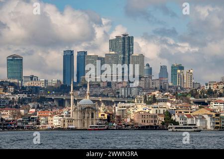 Berühmte Ortakoy-Moschee und moderne Gebäude, die von der Bosporus-Fähre im Besiktas-Viertel von Istanbul, Türkei, aus zu sehen sind Stockfoto