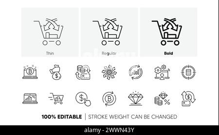 Symbole für das Ziel des Taschenrechners, den Warenkorb und die Diamantlinie. Für Web-App drucken. Zeilensymbole. Vektor Stock Vektor