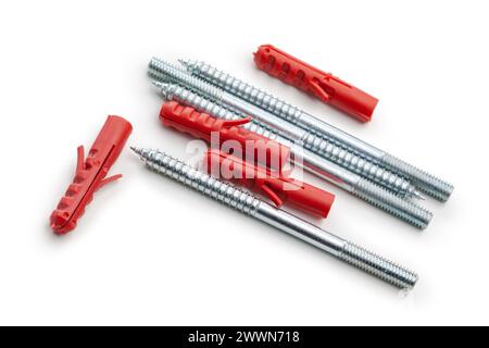 Dübel und Schraube auf Weiß isoliert Stockfoto