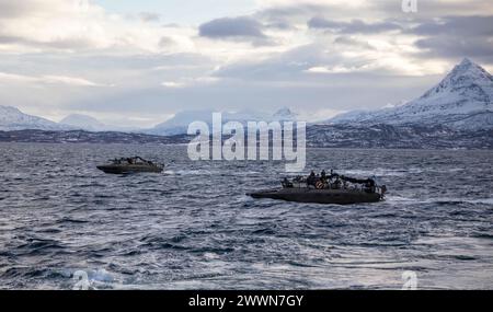 Zwei schwedische Schnellangriffsboote der CB90-Klasse durchquerten den Andfjorden Waterway, um den Einsatz mit dem Dock-Landungsschiff USS Gunston Hall (LSD 44) der Whidbey-Island-Klasse vorzubereiten, während sie während des Standhaft-Verteidigers am 28. Februar 2024 in die NATO-Streitkräfte integriert wurden. Die NATO unterhält eine langjährige Partnerschaft mit Schweden, ähnlich wie ihre vorherige Zusammenarbeit mit Finnland vor dem Beitritt; ihre Beteiligung stärkt die Stärke und Sicherheit aller Mitgliedsstaaten und zeigt, dass die Türen der NATO offen bleiben. Der standhafte Verteidiger 2024, die größte Übung der NATO seit Jahrzehnten, wird die ab der NATO demonstrieren Stockfoto