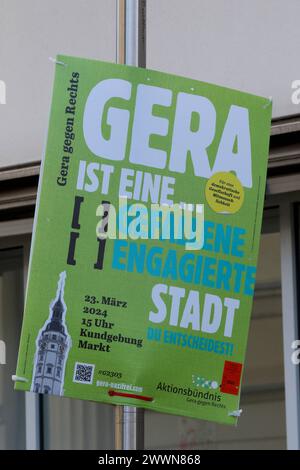 Gera gegen Rechts - Kundgebung gegen Rechtsextremismus - Gegen Rechte Terror in Deutschland - Deutschland, DE, DEU, Germany, Gera 23.03.2024 - Einige Hundert Menschen sind auf dem Marktplatz von Gera für Solidarität und gegen Rechtsextremismus zu einer Protestundgebung zusammengekommen. Außer den politischen Parteien haben sich auch Vereine, Sozialverbände und Kirchen an der Kundgebung mit Div. Infostände auf dem Martplatz beteiligt. Hauptauslöser der zahlreichen Demonstrationen in ganz Deutschland gegen die AfD sind die Recherchen von CORRECTIV Recherchen für die Gesellschaft gemeinnützige Stockfoto