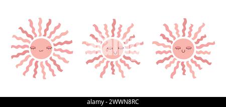 Niedliche handgezeichnete, lächelnde Sonne untergeht. Einrichtung im skandinavischen Stil für Kinderzimmer. Vektorabbildung Stock Vektor