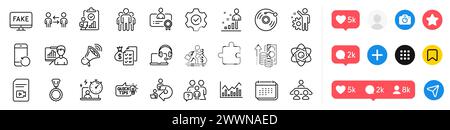 Delegiertenarbeit, Präsentationstafel und Stats Line Icons Pack. Social-Media-Symbole. Gruppe, Infochart, Megaphone-Websymbol. Zertifikat, Ausführen, Aufpumpen Stock Vektor