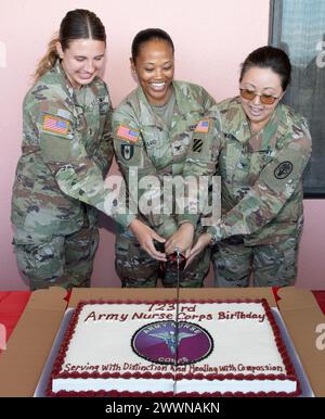 TAMC veranstaltete am 2. Februar ein zeremonielles Kuchenschneiden in der Tripler Army Medical Center Chapel, um den 123. Jahrestag des United States Army Nurse Corps zu feiern. TAMC lud die pensionierte US-Army-Schwester Oberst gar Yip ein, über ihren 30-jährigen Militärdienst zu sprechen. Yip hob ihre Bewerbungsgeschichte, ihre militärischen Karrierehöhen und -Höhen und die Bedeutung einer positiven Einstellung hervor. (Bild von links): 2. Lieutenant Morgan Young, Oberst Angela Rosario und Oberst Miko Watkins. Stockfoto