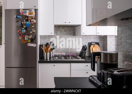 Kompakte Einbauküche mit aufrechtem Kühlschrank in einem modernen Apartment in West London, Großbritannien Stockfoto