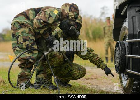 Ein Mitglied der Japan Ground Self-Defense Force leitet einen Luftmann der US Air Force, der der 18th Civil Engineer Squadron während einer gemeinsamen bilateralen CBRN-Übung auf der Kadena Air Base, Japan, am 21. Februar 2024 zugeteilt wird. Diese gemeinsamen Schulungen helfen den verschiedenen Services, zusammenzuarbeiten, um potenzielle Gefahren zu lokalisieren, zu identifizieren und zu neutralisieren. Luftwaffe Stockfoto