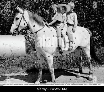 Inger Nilsson. Geboren 1959. Schwedische Kinderdarstellerin, bekannt für die Rolle des Pippi Langstrumpf in der Fernsehserie und in Filmen, die auf der Figur der Autorin Astrid Lindgren basieren. Dargestellt am Filmset von Pippi Långstrump Film 1969 mit Kinderdarstellern, die auch in den Pippi Langstrumpffilmen zu sehen sind: Maria Persson (Annika) und Pär Sundberg (Tommy). Die drei sitzen auf dem Pippis-Pferd, genannt „Lilla Gubben“, „kleiner alter Mann“. *** Lokale Beschriftung *** Stockfoto